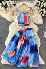 Set Tie Dye Print Short Strap Cami Tops + High Waist Skirts Beach Two Piece Suits