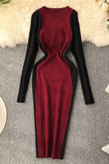Contrast Color Bodycon Dress Knitted Knee Length Dress