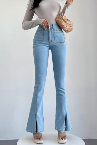 Split Hem Flare Leg High Waist Skinny Jeans Pants