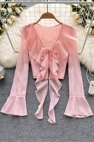 Ruffled Chiffon Blouse Flare Sleeve Transparent Ladies Sunscreen Shirt