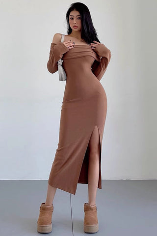 Sexy Off Shoulder Brushed Large Polo Collar Split Hem Long Dress