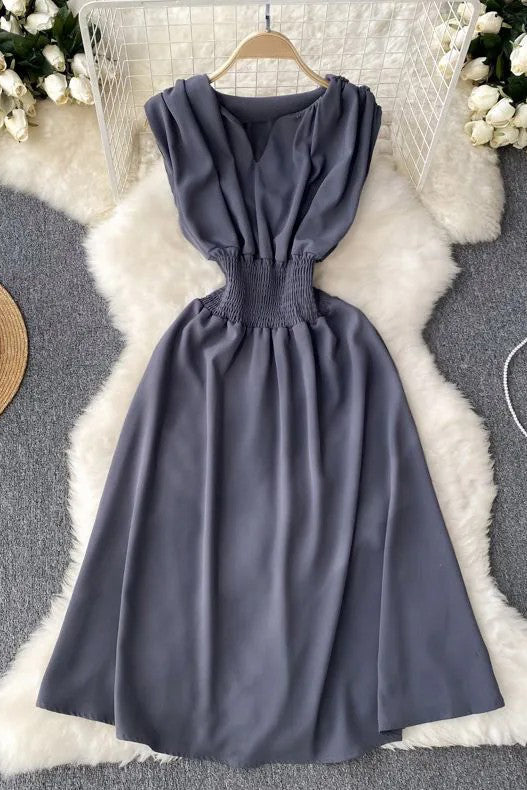 Dress Casual Elastic Waist Long Dress A-line Sleeveless Robe Femme Dress