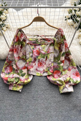 Floral Print Blouse Square Neck Long Lantern Sleeves Top Ladies Beach Vintage Blouse