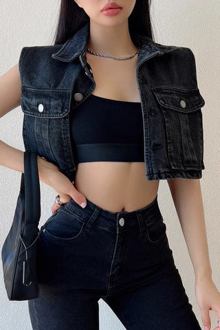 Short Casual Denim Vest Lapel Sleeveless Vest Jacket