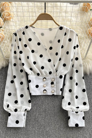 Polka Dot Shirts Vintage Zweireiher Langarm Slim Tops