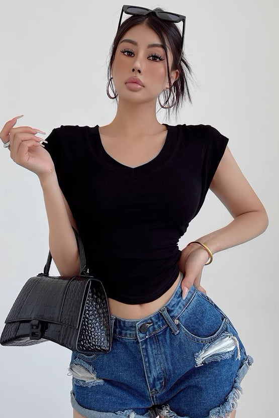 Short Sleeve V-Neck Waistband T-Shirt Top