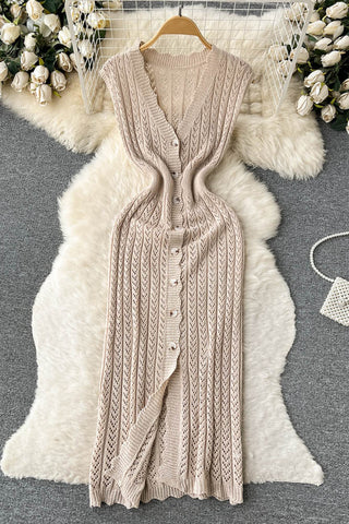 Robe en tricot sans manches, taille élastique, col en V, ajourée, longue