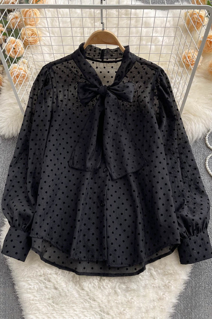 Polka Dot Blouse Sweet Bow Collar Long Sleeve Lady Tops Elegant Chiffon Shirts