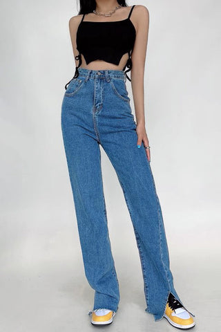 Design Front and Back Split Jeans High Waist Loose Straight Wide Leg Pants Jeans