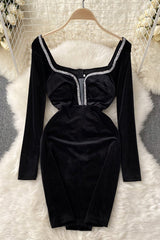 Velvet Style V Neck Long Sleeve Zipper Slim Ladies Dresses