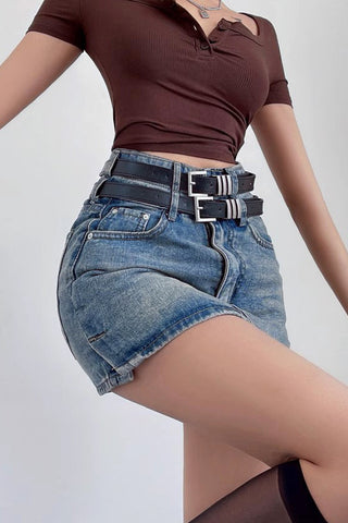 Double Belt High Waisted Buttocks Wrapped Denim Skirt