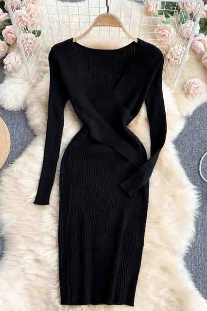 Lady Elegant V-neck Cross Slim Waist Long Sleeve Knitted Sweater Dress