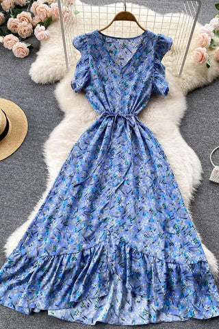 Floral Print Casual Ruffled Elastic Waist Asymmetrical Long Dress