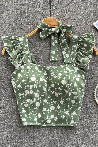 Damen Top mit quadratischem Ausschnitt, Schleife und Rüschen, kurzes Unterhemd, Blumenmuster, elastische Taille