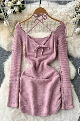 Bandage Bodycon Mini Dress Elegant Long Sleeve Knitted Sweater Dress