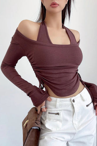 Halter Long Sleeve T-shirt Tight Short Bottom Tops