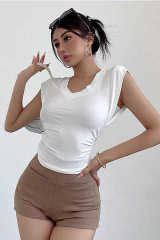 Short Sleeve V-Neck Waistband T-Shirt Top