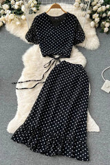 Set Polka Dot Bandage Crop Tops + High Waist Ruffle Skirts Female Two Piece