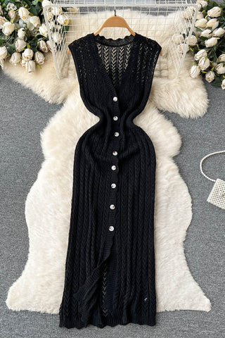 Sleeveless Knit Dress Elastic Waist V Neck Hollow Out Long Dresses