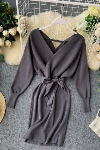 Knitted Sweater Dress V Neck Elegant Dress Ladies Bandage Dress