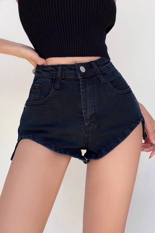 Enge Jeansshorts mit hoher Taille und Wickel-Gesäß