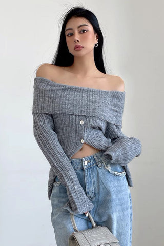 Off Shoulder Knit Long Sleeved Top