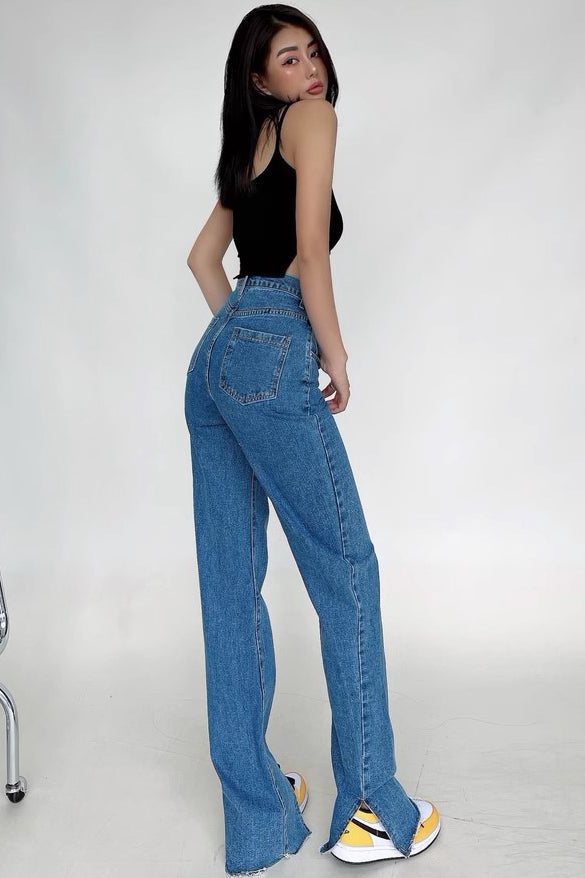 Design Jeans mit Schlitzen vorne und hinten, hohe Taille, lockere, gerade Hose mit weitem Bein