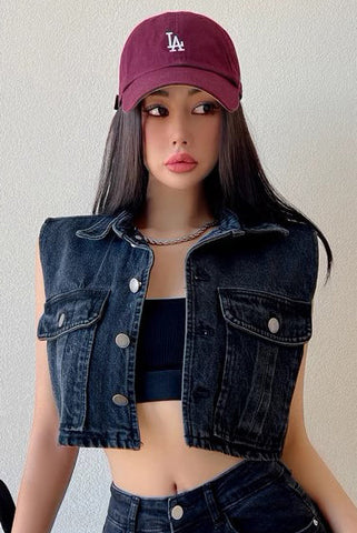 Short Casual Denim Vest Lapel Sleeveless Vest Jacket