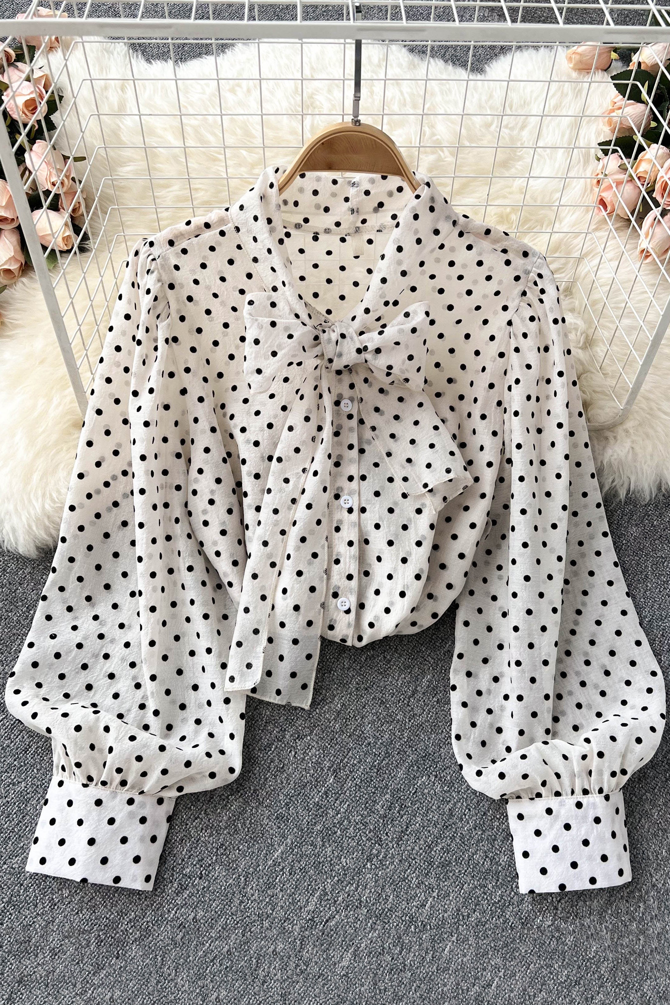 Polka Dot Blouse Sweet Bow Collar Long Sleeve Lady Tops Elegant Chiffon Shirts