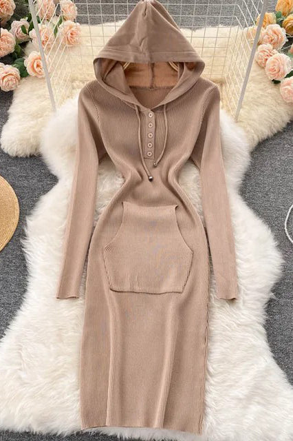 Knitted Dress Hooded Buttons Bodycon Sweater Dress