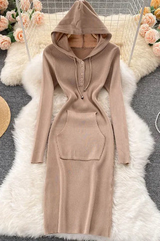 Knitted Dress Hooded Buttons Bodycon Sweater Dress