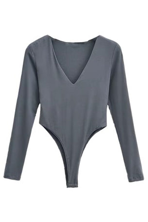 Tight Fitting Deep V-Neck Long Sleeved Bodysuit