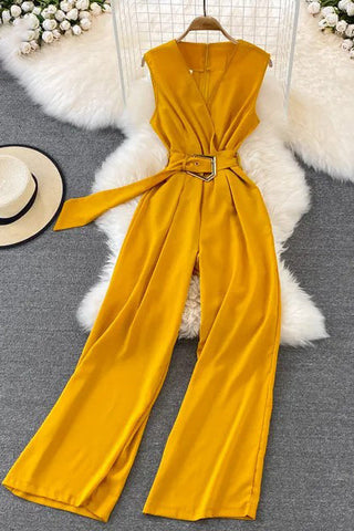 Elegant Office Long Wide Leg Pants With Belt Sleeveless Female Playsuits