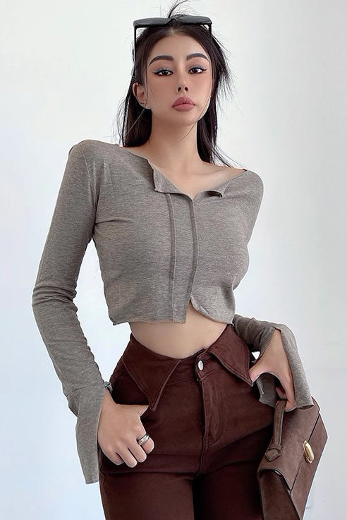 Split Lapel Top Long Sleeve T-Shirt