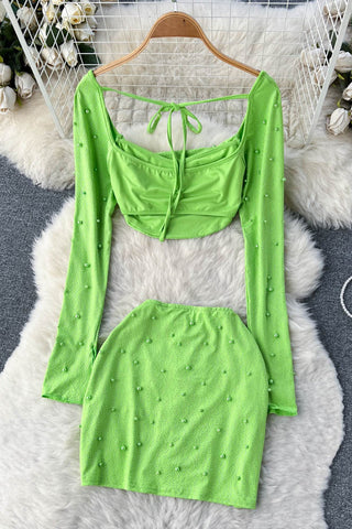 Two Piece Sets Long Sleeve Square Neck Short Tops Mini Skirt Beading Suits