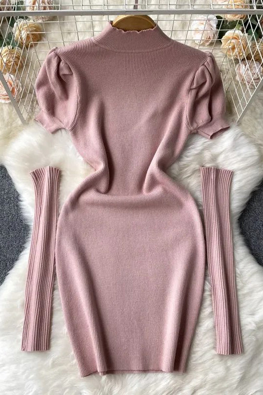 Clothes Puff Sleeve Knitted Bodycon Robe Dresses