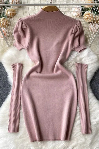 Clothes Puff Sleeve Knitted Bodycon Robe Dresses