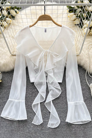 Ruffled Chiffon Blouse Flare Sleeve Transparent Ladies Sunscreen Shirt