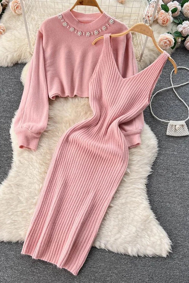 Set Elegant Pearl O-neck Knitted Sweaters + Strap Dress Two Piece Suits