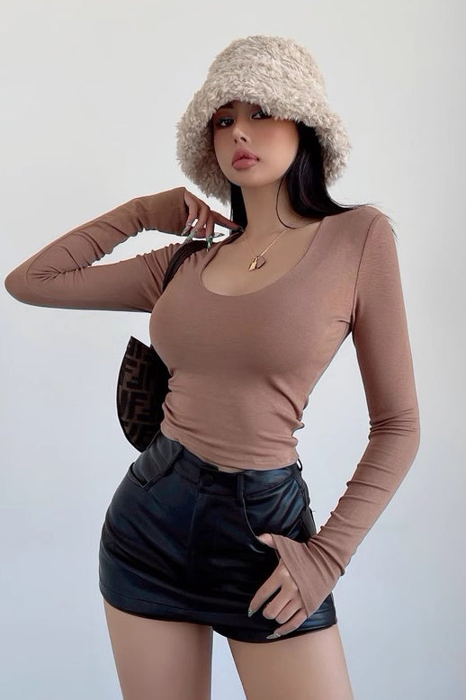 Sexy Round Neck Tight T-Shirt Low Cut Slim Fit Long Sleeve Top