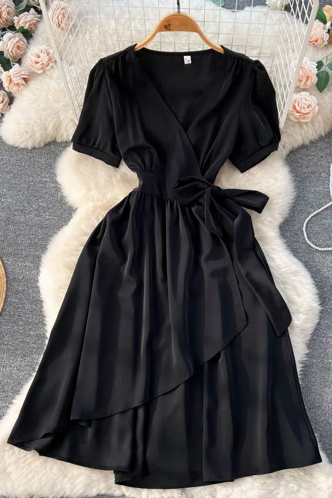 Elegant Puff Sleeve Lace-up Wrap Robe Femme Casual A-Line Long Dress