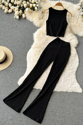 Two Piece Set Chic Sleeveless Crop Tops and Long Flare Pants Female Suits