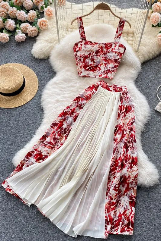 Set Floral Print Pleated Long Skirts + Straps Short Tops Vacation Two Piece Suits
