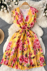 Romantic Chiffon Party Dress Elegant Bandage Floral Print Dress