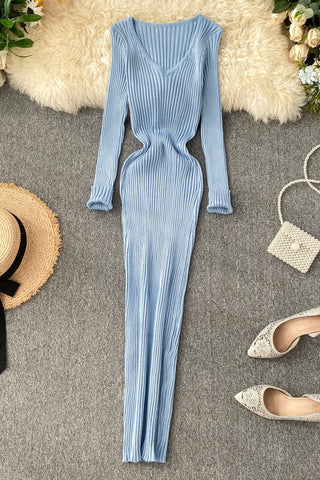 Knitted Dress V Neck Slim Elastic Sweater Dress Knit Warm Long Dress