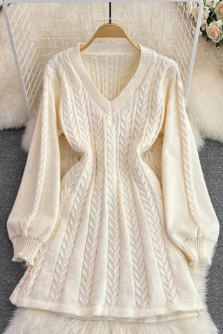 Knitted Elegant Puff Sleeve A-line Short Dress