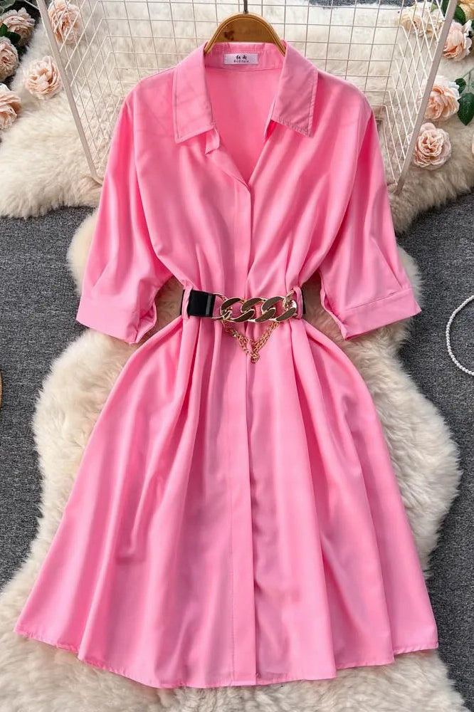 Elegant Vintage Turn-down Collar Casual A-line Shirt Dress