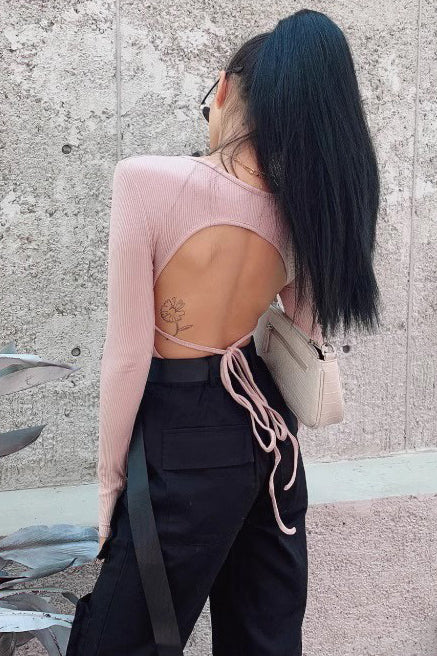 Sexy Backless Strap Tight Long Sleeve Elastic Bodysuit