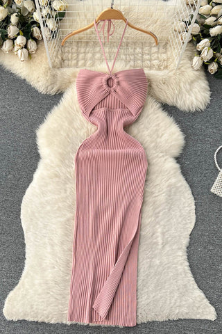 Knit Dress Slim Backless Hollow Out Ladies Elegant Long Dresses