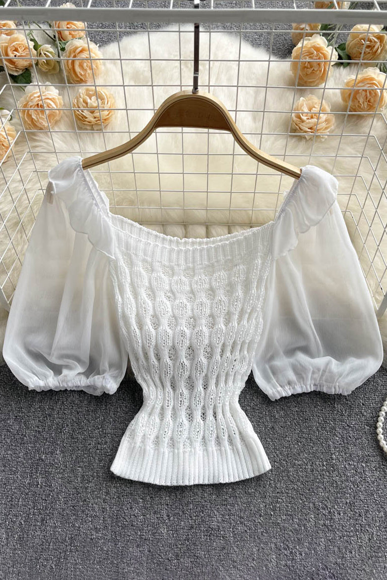 Knitted Spliced Short Blouse Square Collar Ruff Sleeve SheachTop Ladies Elastic Waist Top